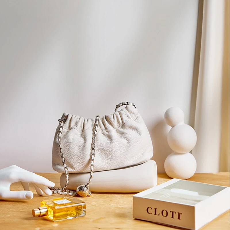 First Layer Cowhide Women Dumpling Bag Casual Solid Color Genuine Leather Underarm Bag Versatile Adjustable Strap Crossbody Bag