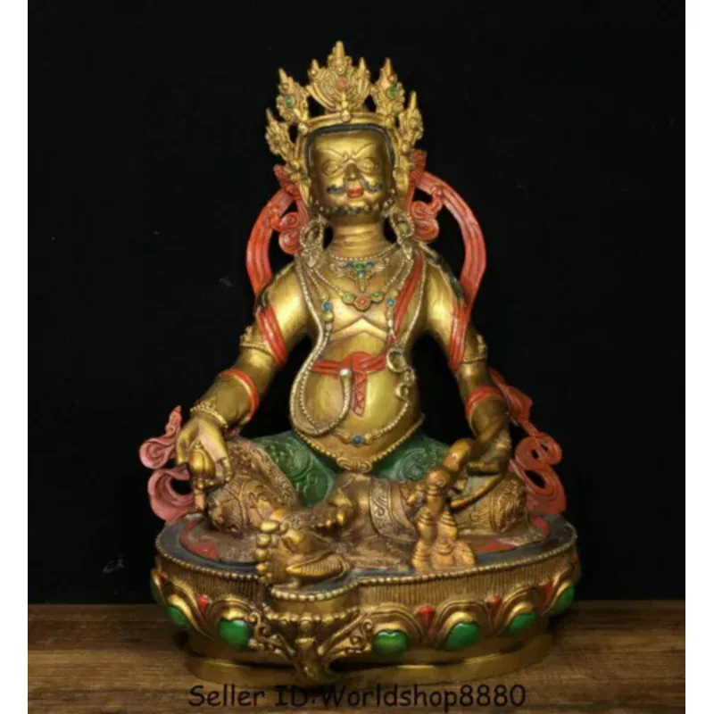 

11.8"Old Tibet Buddhism Bronze Painting Yellow Jambhala Wealth God Buddha Statue