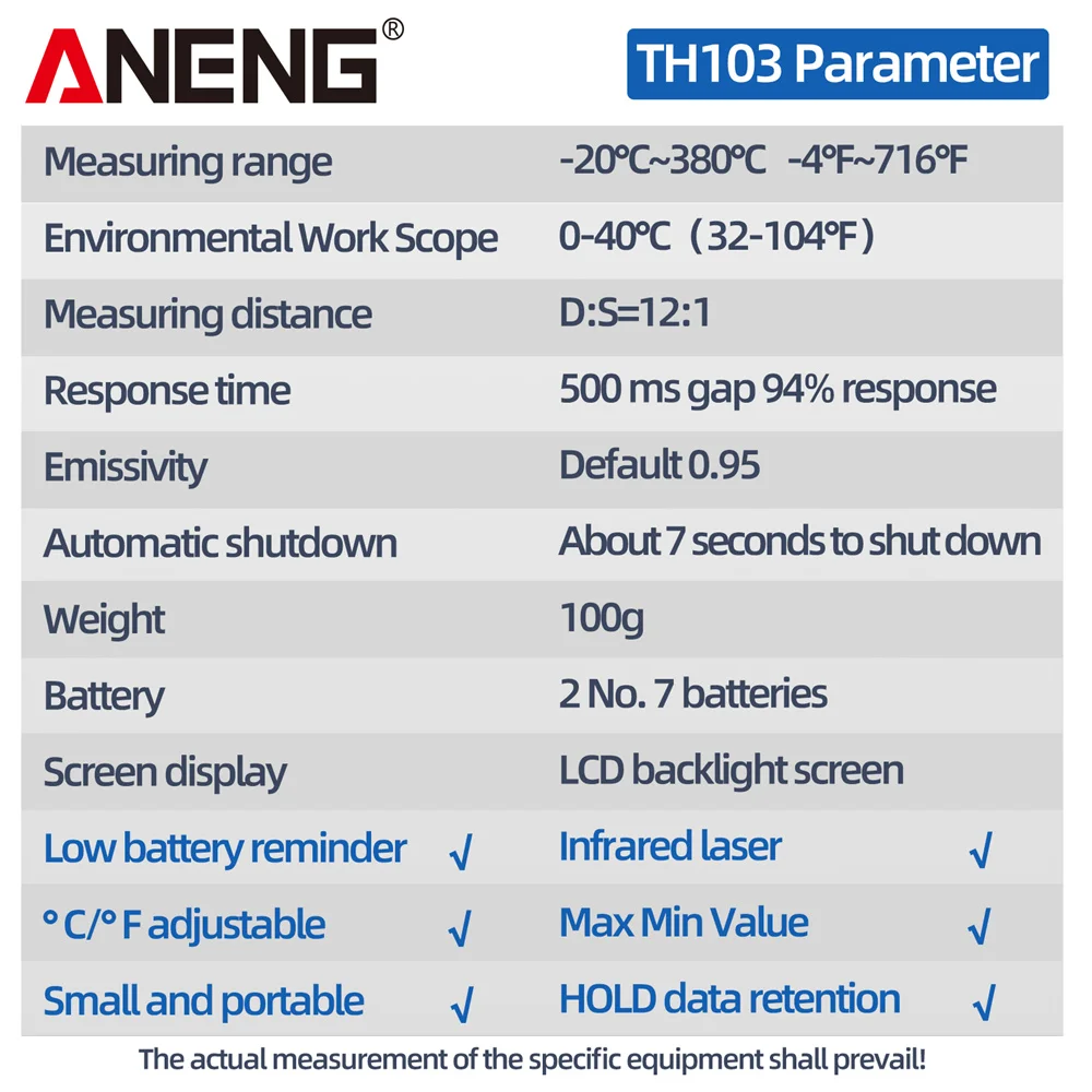 ANENG TH103 Digital Infrared Laser Thermometer Industrial Temparature Gun Backlight Screen Temperature Meter Non-contact Tools