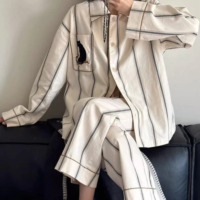 New Spring and Autumn Simple Striped Pajamas Set Women Cazy Long Sleeves Pants Home Clothes Suit