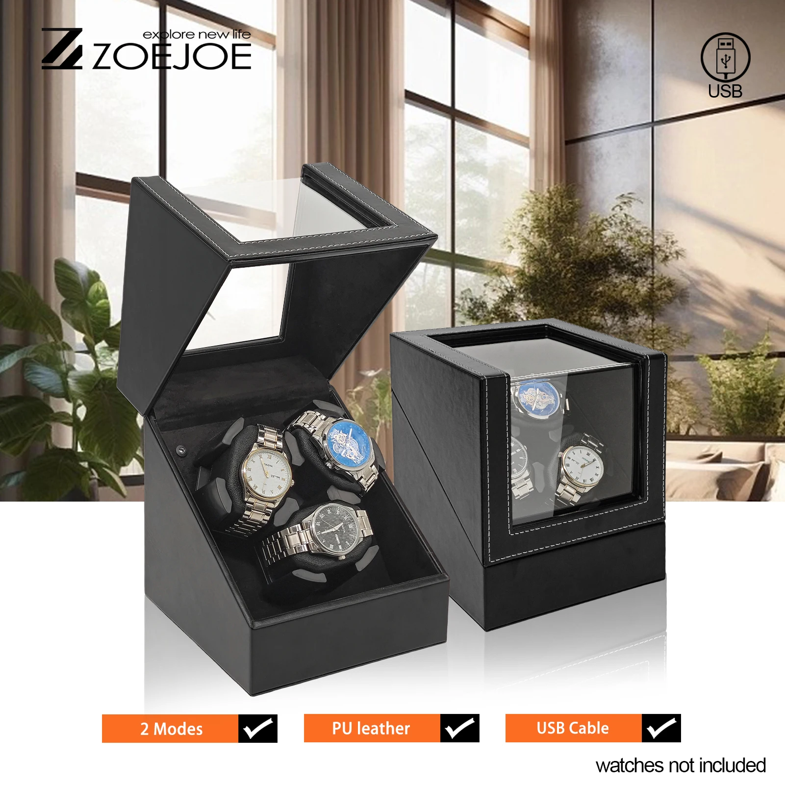 3 Slots Automatic Watch Winder Pu Leather Clear Cover USB Cable Low Noise Watch Winder Box Birthday Gifts For Men Women