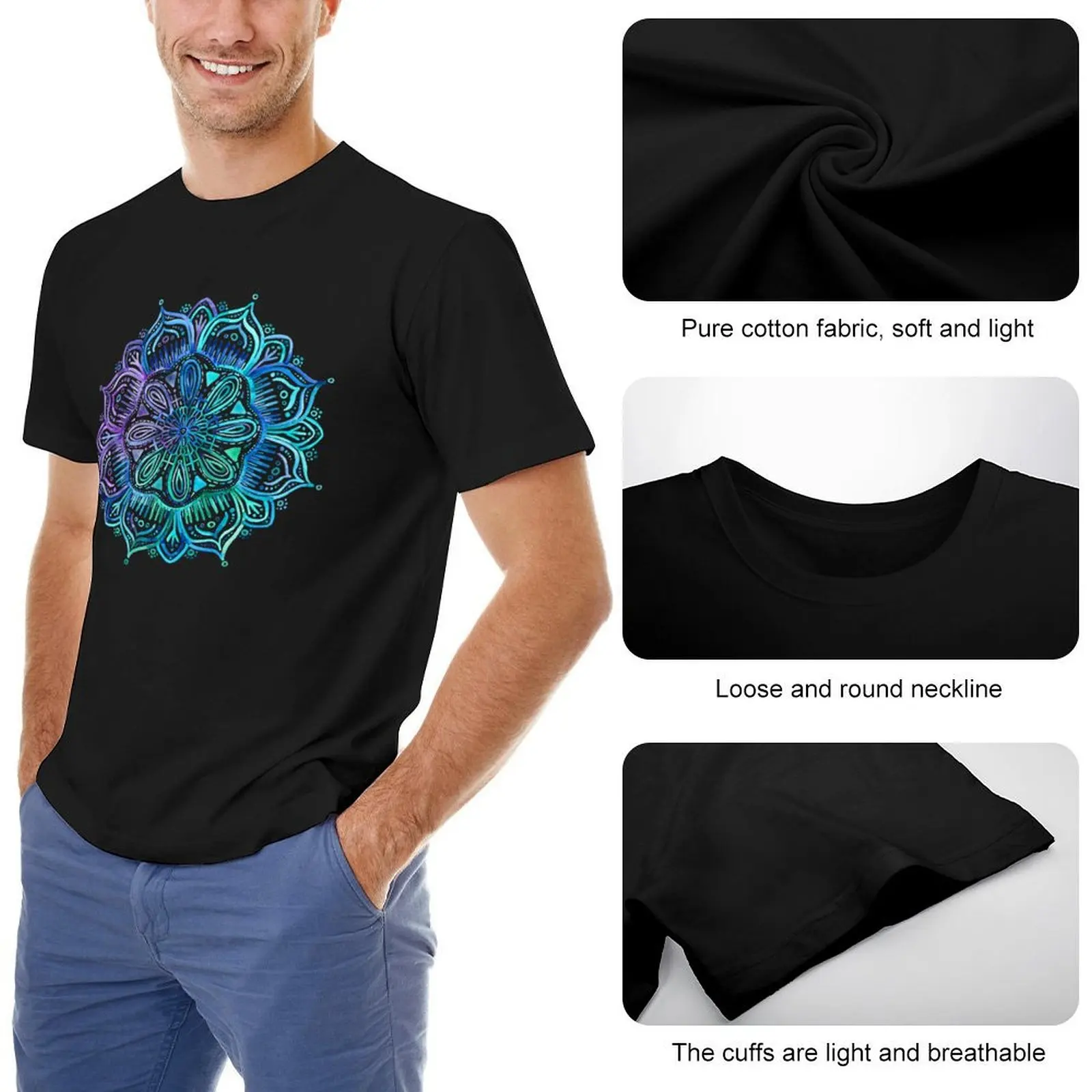 Iridescent Aqua and Purple Watercolor Mandala T-Shirt graphic shirts oversized t shirt basketball graphic tees T-shirt men