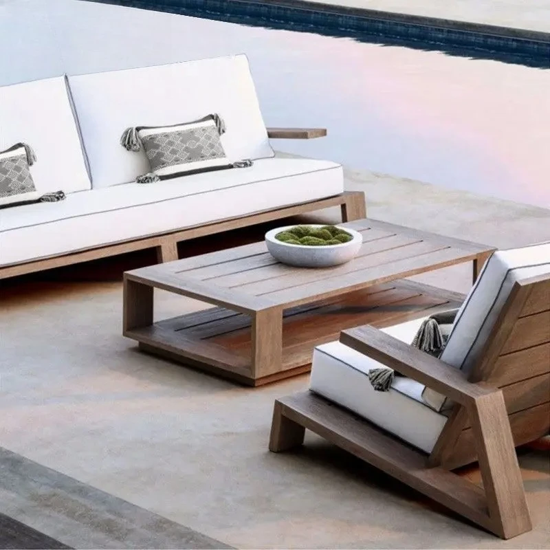 

PYH Outdoor Vintage Sofa Anti-Corrosion Teak Wood Courtyard Garden Outdoor Leisure Sunproof Combination Terrace