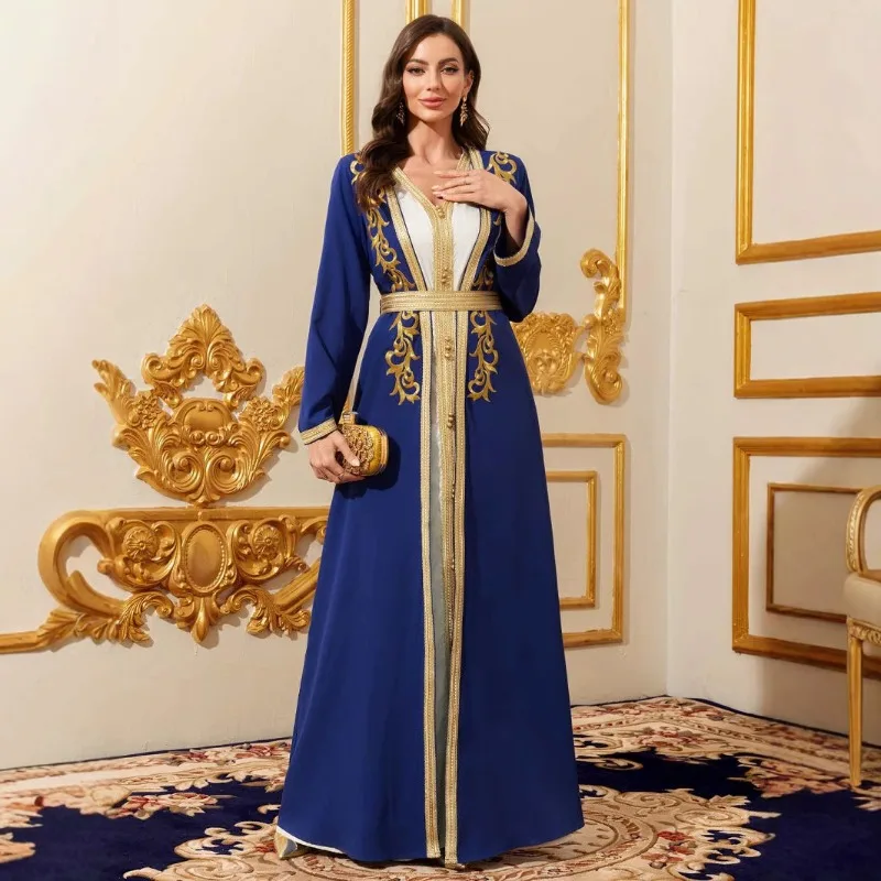Elegant Arabic Abaya Dress Dubai Long Robe with Embroidery Lace Two Piece Set
