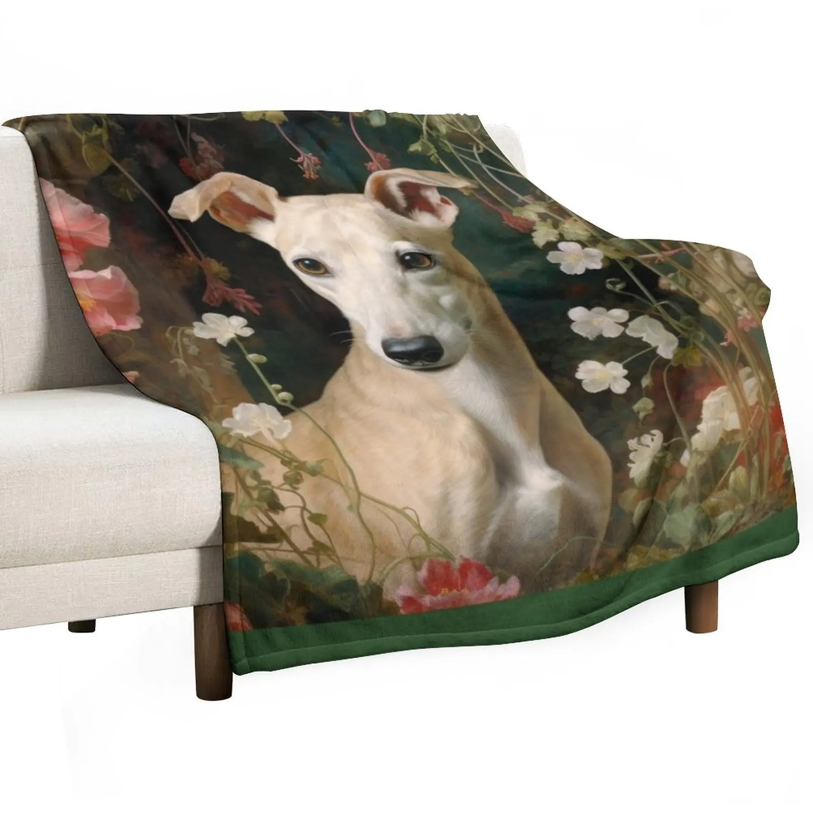 Whippet dog in old romantic garden, dog portrait Throw Blanket Stain Resistant Cozy Warm Blanket