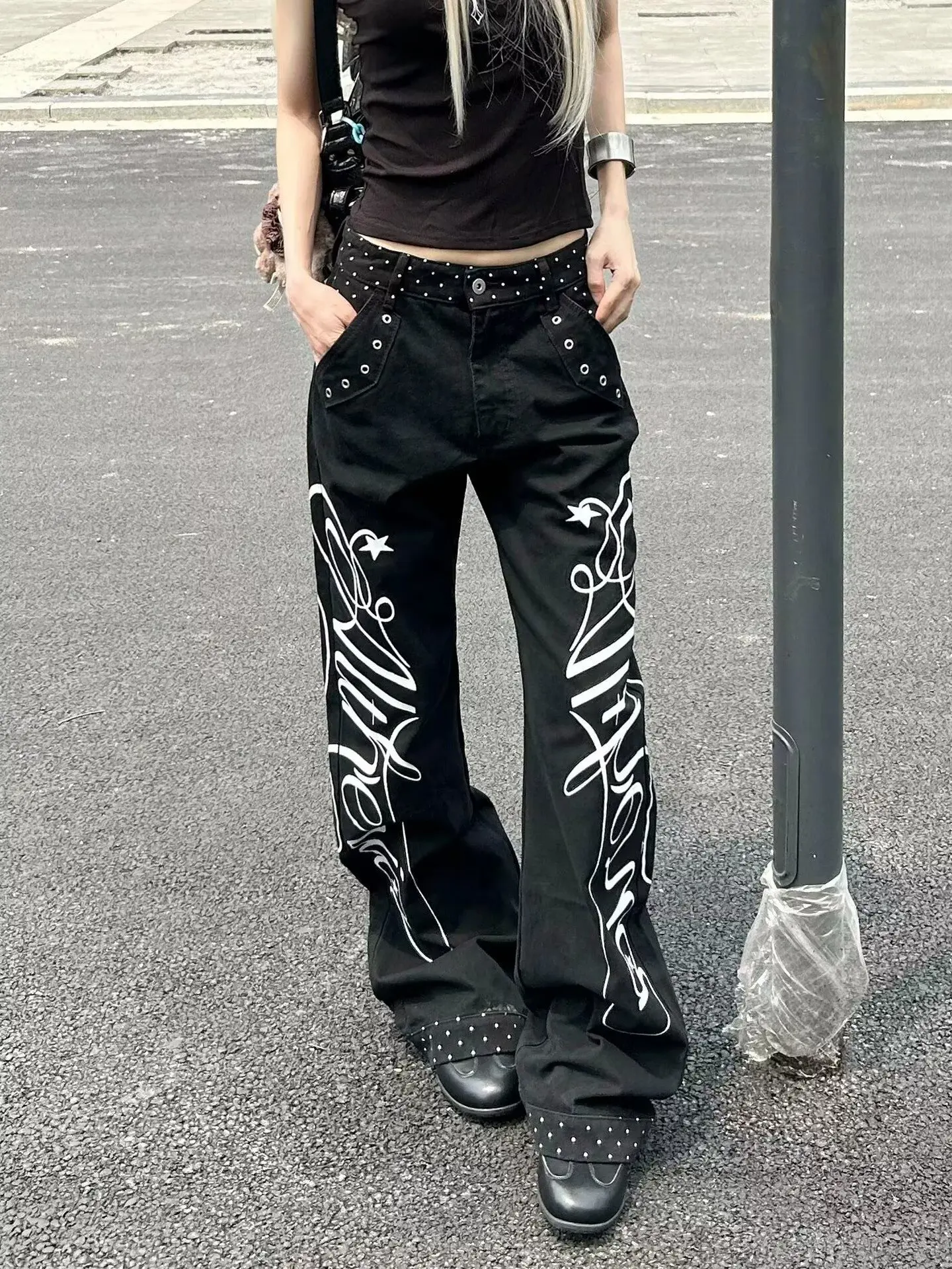 Black Women's Jeans High Waist Hip Hop Straight Fashion Pants Streetwear Harajuku Y2K Star 2026 Female Wide Leg Denim Trouser