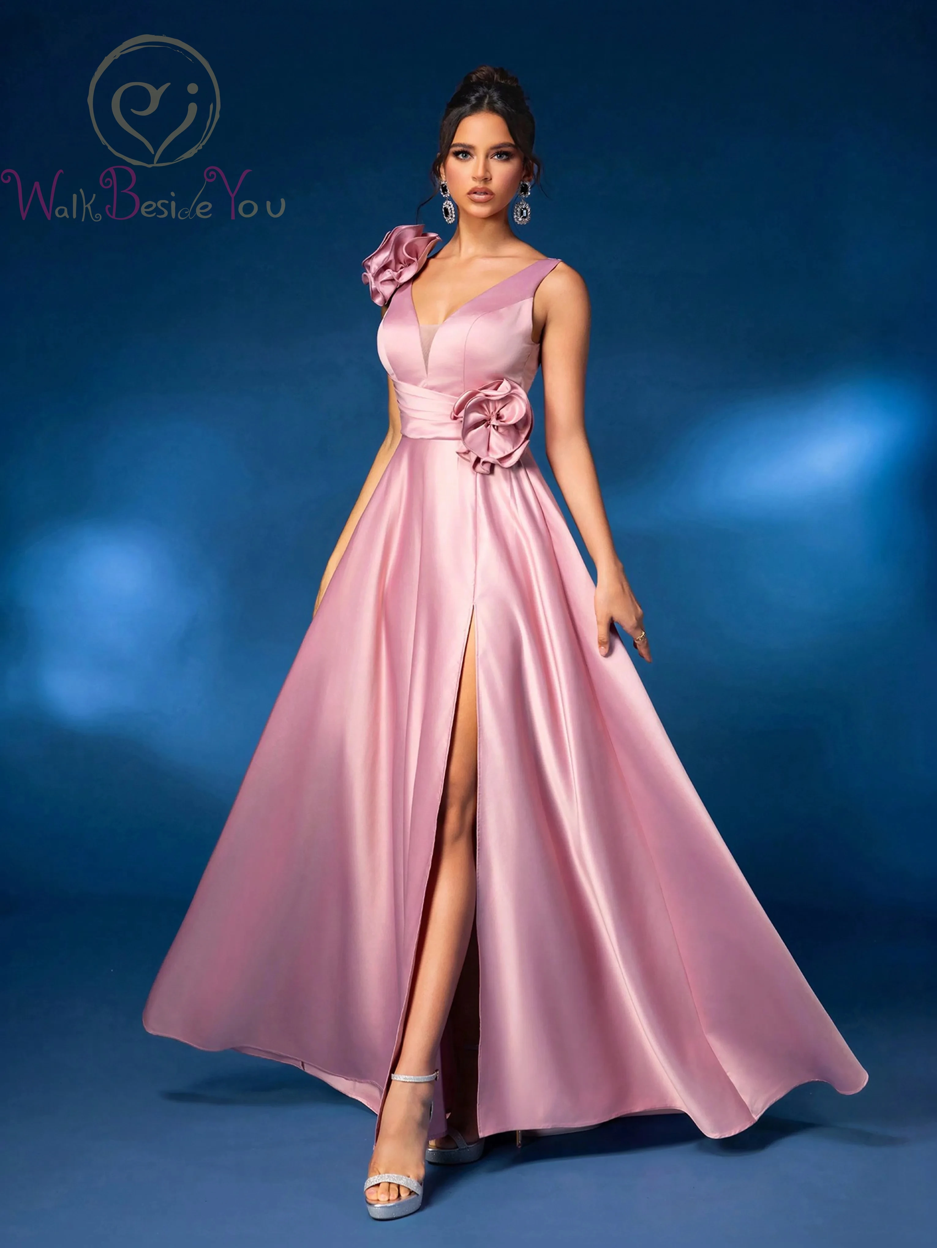 

Simple Pink Prom Dresses V Neck Satin Flowers Long Floor Length Backless with Split Formal Party Women Evening Gowns Custom Made