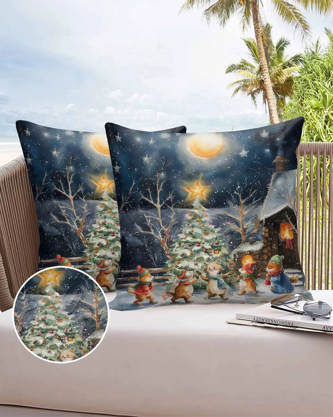 

2/4PCS Christmas Tree Colorful Forest Moon Bonfire Animals Decorative Sofa Throw Pillow Cover Case Garden Patio Cushion Covers