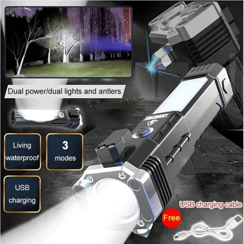 Multi-functional High-brightness Flashlight Car Safety Hammer Handheld Torch Usb Rechargeable Treasure Outdoor Home Searchlight