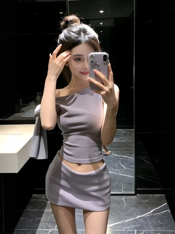 

Sexy Shoulder Bared High Waist Short Skirt Two Piece Set Pure Desire Trendy Spring Summer Hot Girl Outfit Casual Fashion