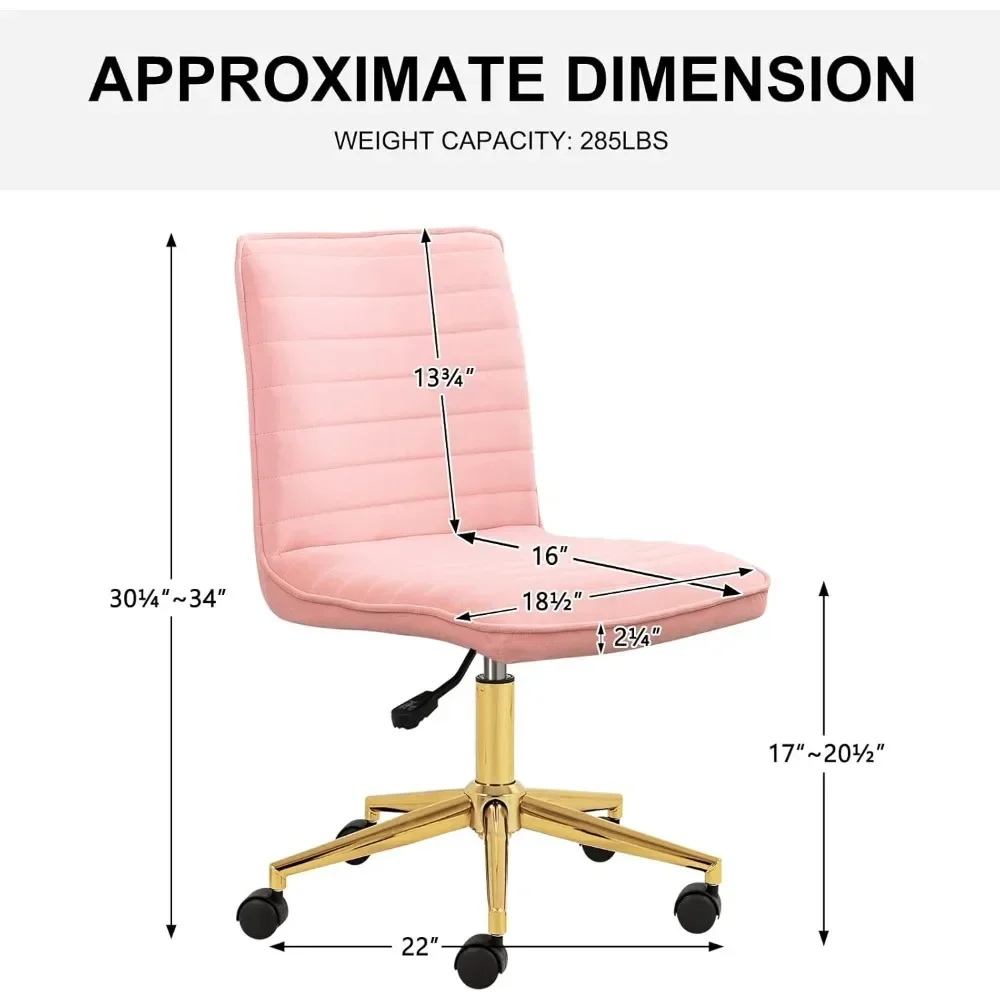 Cadeira giratória sem braços com rodas, Pequeno veludo estofado, Home Office Desk, Mid-Back cadeira ajustável para vaidade