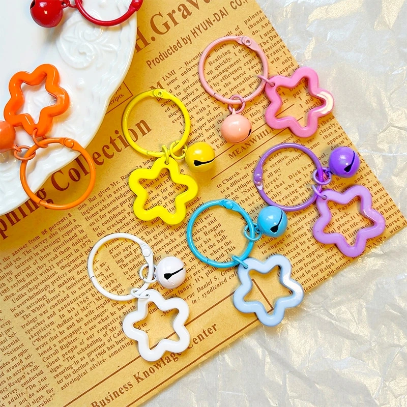 10pcs Metal Keyrings With Open Ring Buckle Star Bells Pendant Colored Keychain For Diy Jewelry Making Key Ring Accessories