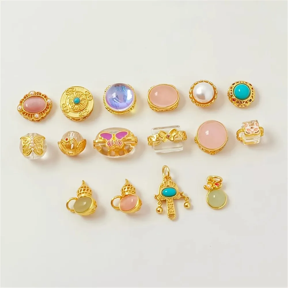 

18K Copper-gold Inlaid Zirconium Crystal Rose Quartz Hollow Bead Accessories Diy Bracelet Jewelry Necklace Accessory Material