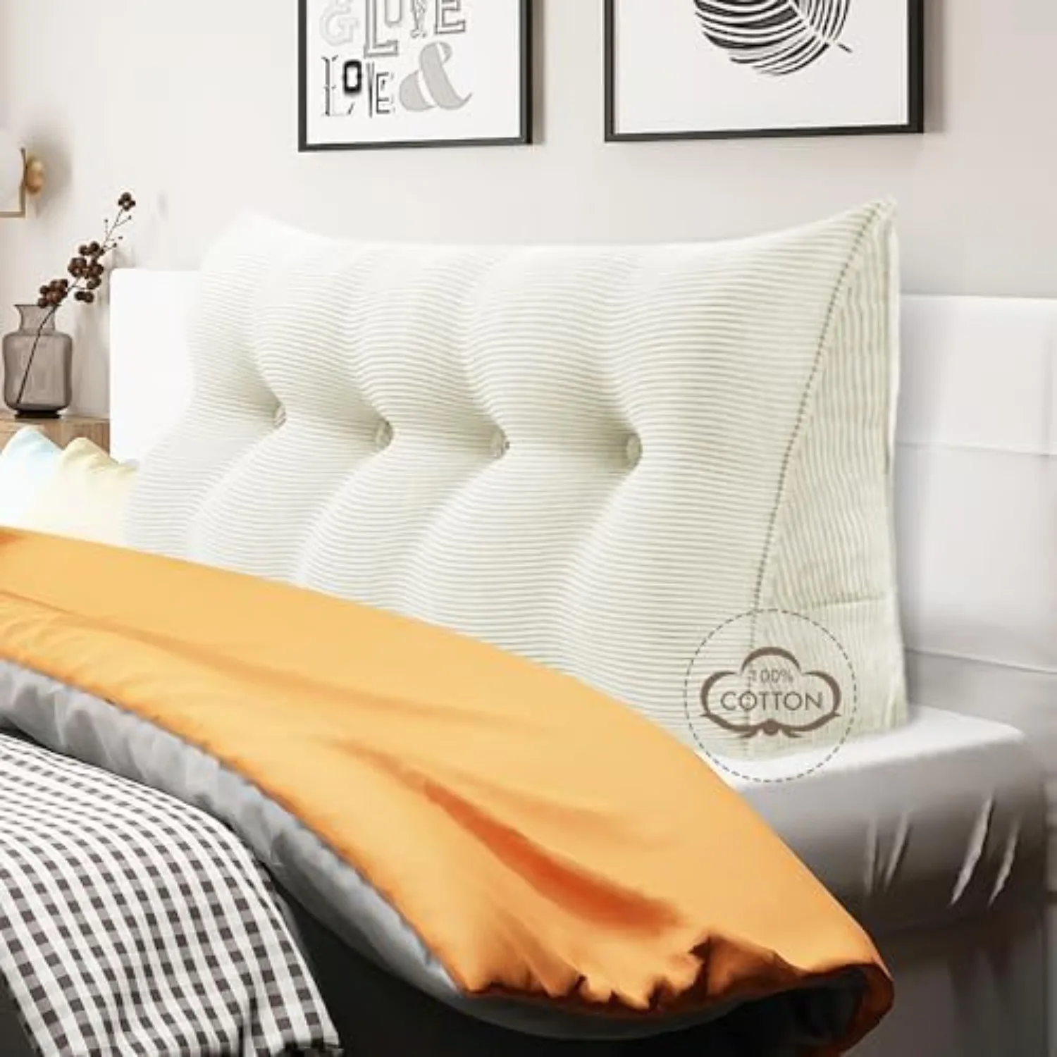 100% Cotton Corduroy Headboard Pillow  Full Size Back Support Reading Wedge for Bed & Daybed, Plush Handmade Bolster
