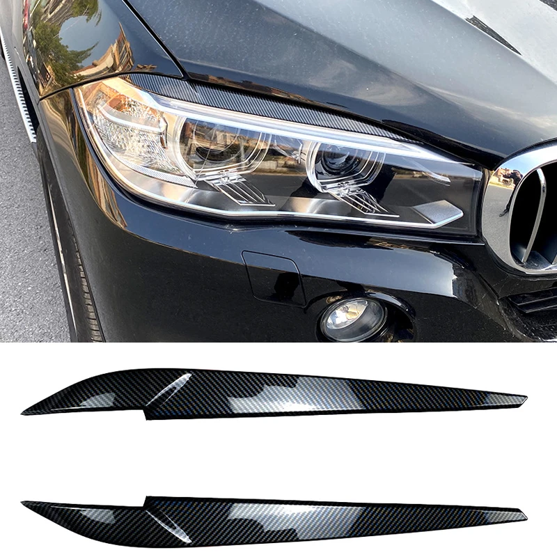 

2Pcs Carbon Glossy Black Headlight Eyebrow Eyelid For BMW X5 X6 F15 F16 2014-2018 Plastic Head Lamp Decoration Car Accessories