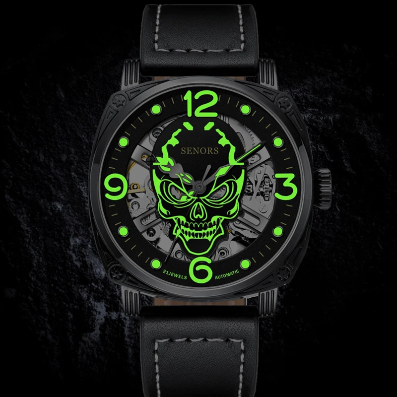 Luminous Skull Men Watch Top Brand Luxury Military Automatic Mechanical Male Clock Sport Waterproof Leather Wristwatch Relogio