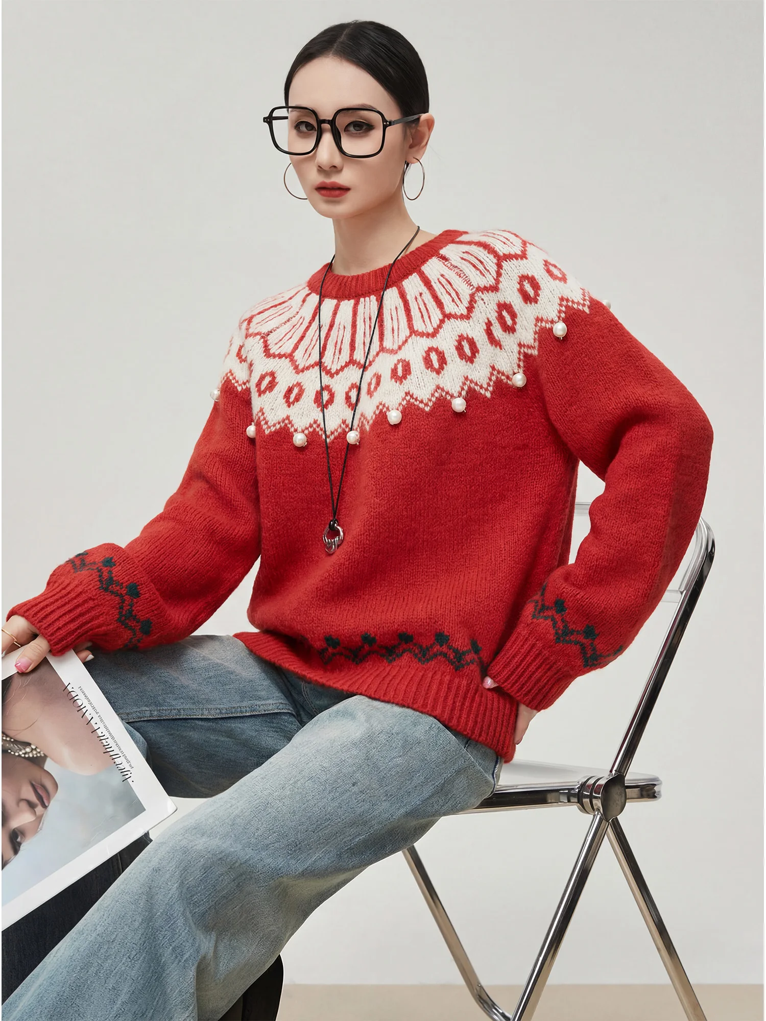 

Красный вязаный свитер Fair Isle для женщин, новинка весенней коллекции, повседневный свободный крой, с длинными рукавами, круглым вырезом, пуловер для праздников