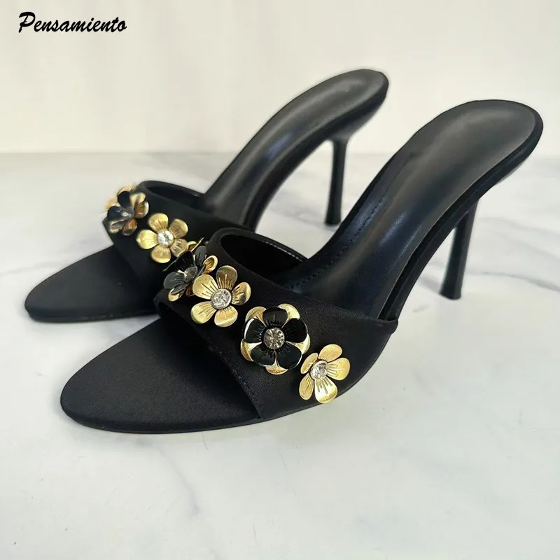 

Роскошные женские тапочки с металлическим декором и стразами, сандалии, летние элегантные шлепанцы на тонком высоком каблуке, модная обувь для вечеринок