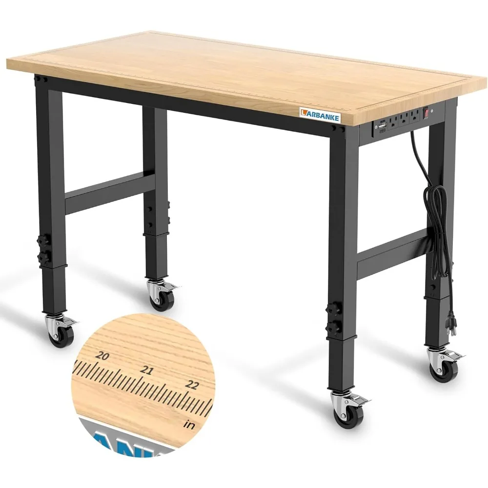 

48" Heavy-Duty Adjustable Workbench with Brake Wheels,Hardwood Worktable Weight Capacity Over 2000 Lbs,Rubber Wood Workbench