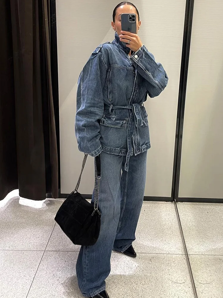 HH Conjuntos de calças jeans femininas outono gola virada para baixo mangas compridas casacos com cinto + calças soltas de cintura alta com zíper e bolsos com bainha