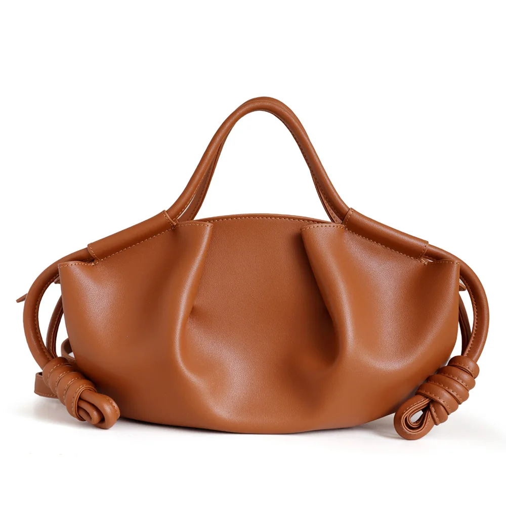 Genuine Leather Hobo Bag Women Soft Cloud Drawstring Knot Handbag Casual Vintage Crossbody Shoulder Bag Purse Designer Style