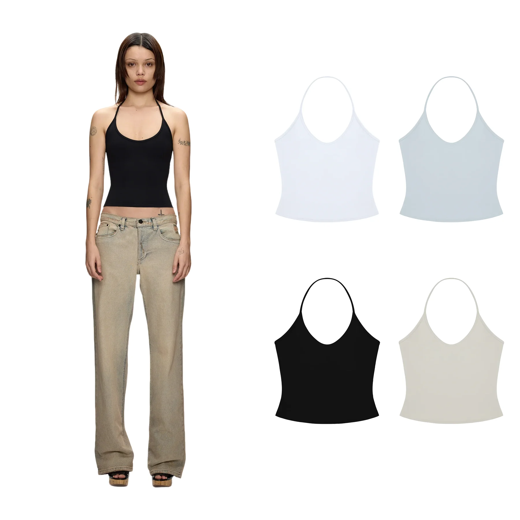 

Tank Summer Hot Girl Halter Neck Camisole, Slim Fit Multi-Color Basic Top, U-Neck Halter Neck Camisole, High-Elastic Tight-Fitting Short Base Layer Outerwear Tank Top, Multiple Colors Available