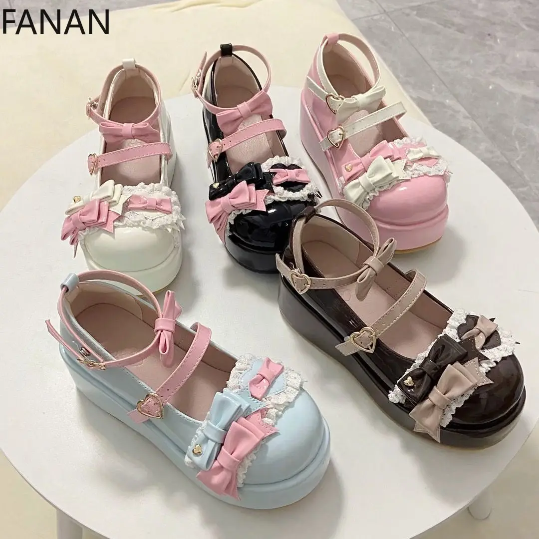 

Lolita High Heels Pumps Women's Shoes Cute Bow Elegant Princess Flats Kawaii Waterproof Casual Shoes Original Japanese