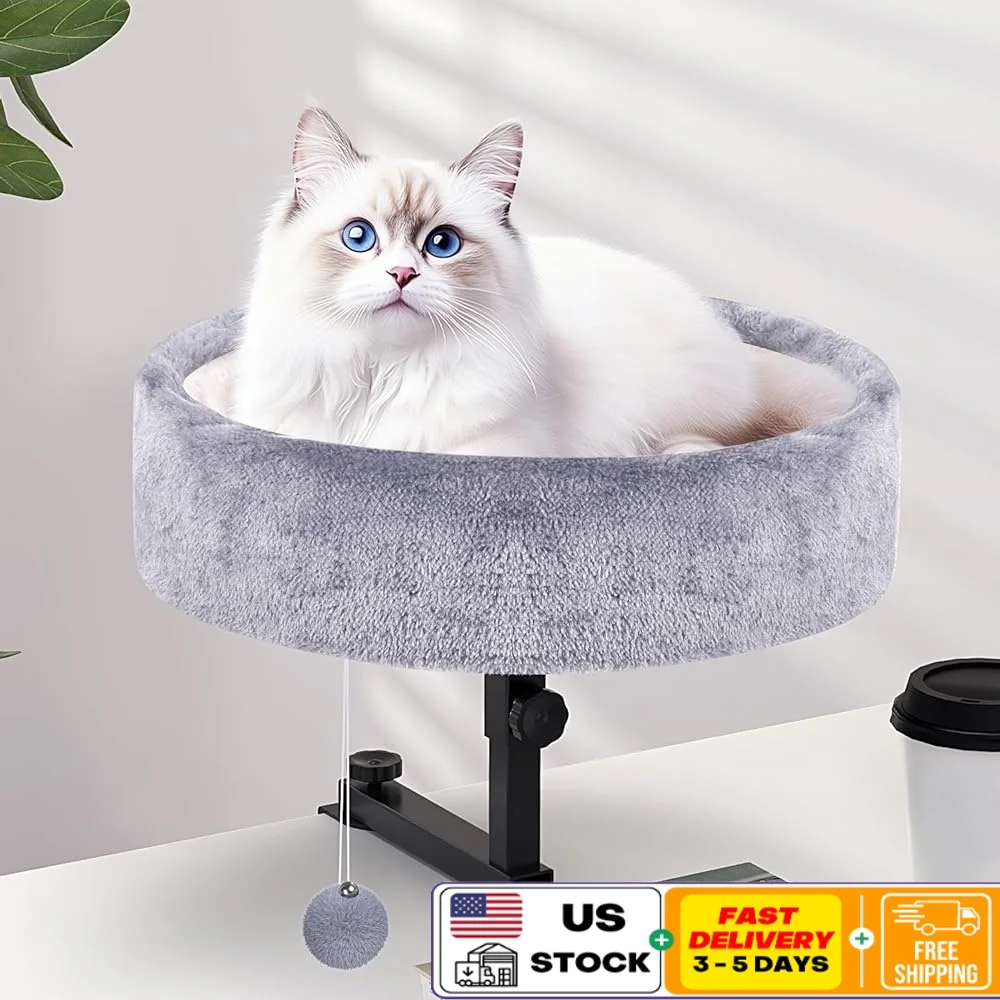 

360° Rotating Adjustable Cat Desk Bed Soft Faux Fur Space Saving Pet Furniture Desk Hammock Easy Installation Sturdy Support