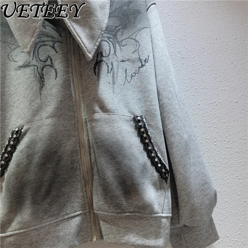 Bluza z kapturem z króliczymi uszami w stylu graffiti High Street dla kobiet, wiosenno-jesienna, subkultura Y2K, słodka, cool kurtka rozpinana, modna.