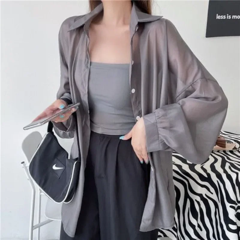 

Summer Sun-proof Shirts Women Holiday Ins Popular Mujer Blusas Single Breasted All-match Sheer Leisure Loose Solid High Street
