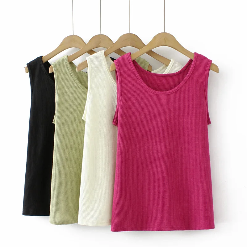 4XL Plus Size Basic Tank Top Women Spring Summer Waffle O-Neck Sleeveless Bottoming Vest Oversize Curve Clothes