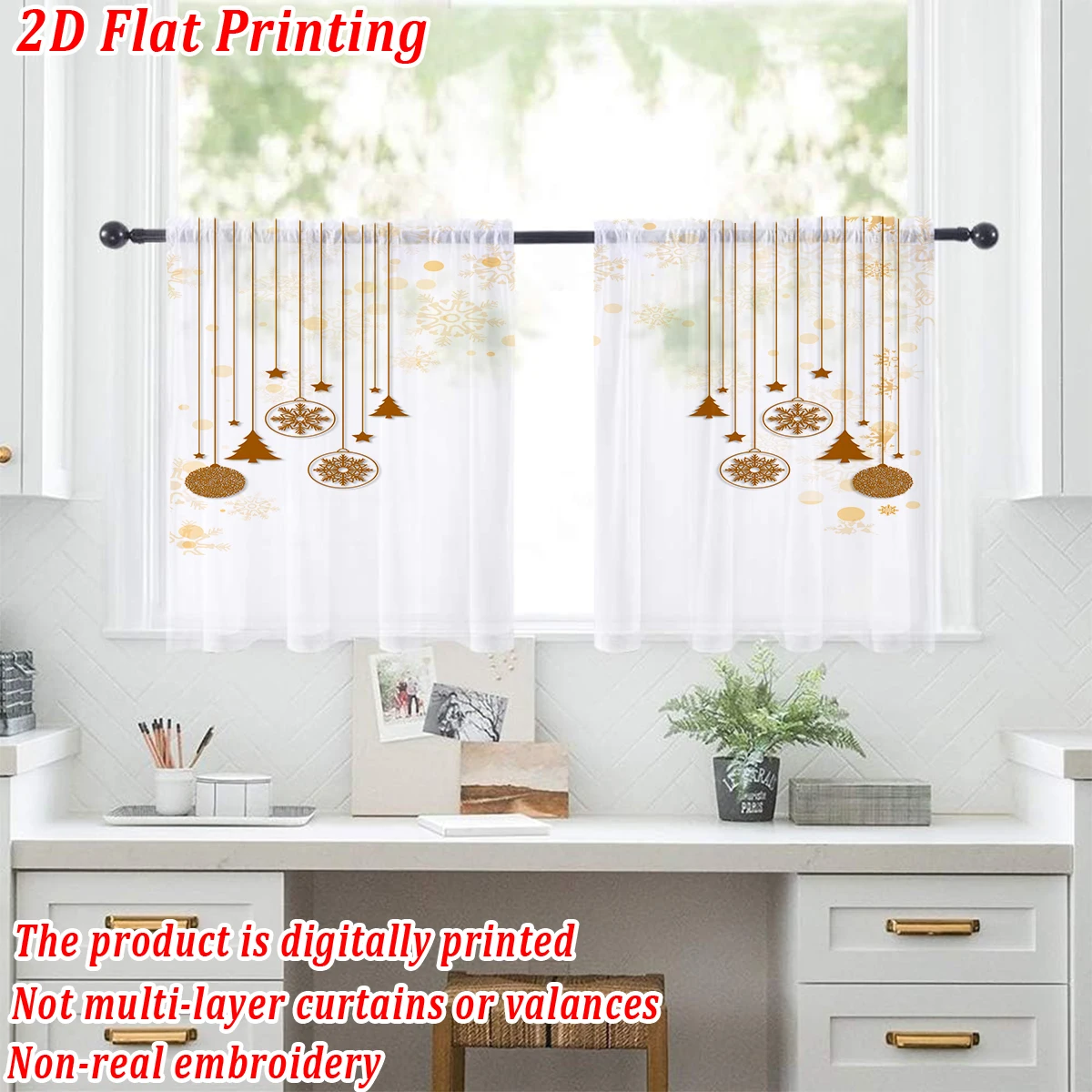Christmas Flat Printing Kitchen Sheer Curtain with Christmas Trees Ornament Ball Snowflake  For Christmas Home Decor  Party