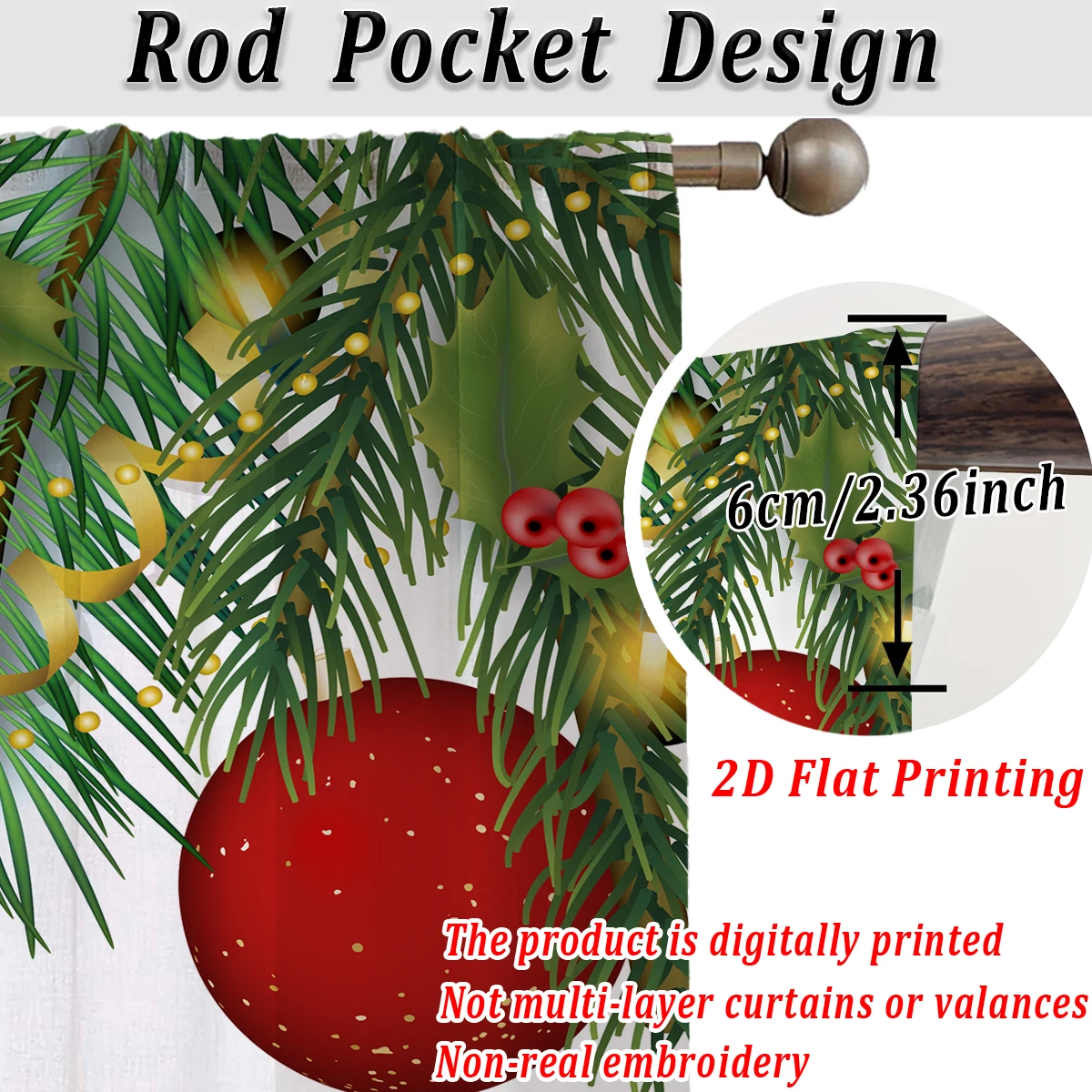 Christmas Flat Printing Sheer Curtain with Christmas Ball Mistletoe Pine Branches for Living Room Bedroom Decor Holiday Party