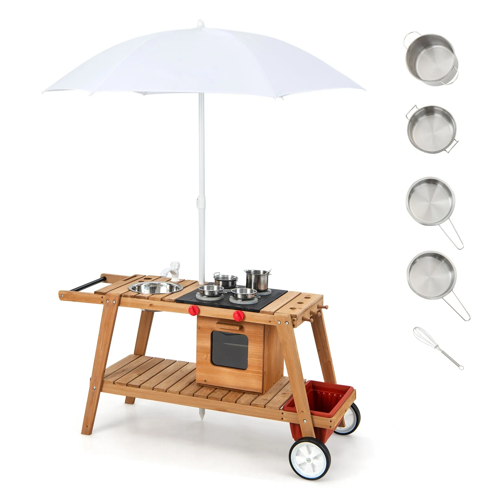 

Kid's Play Trolley Outdoor Wooden Kids Play Cart W/Sun Umbrella for Toddlers 3+