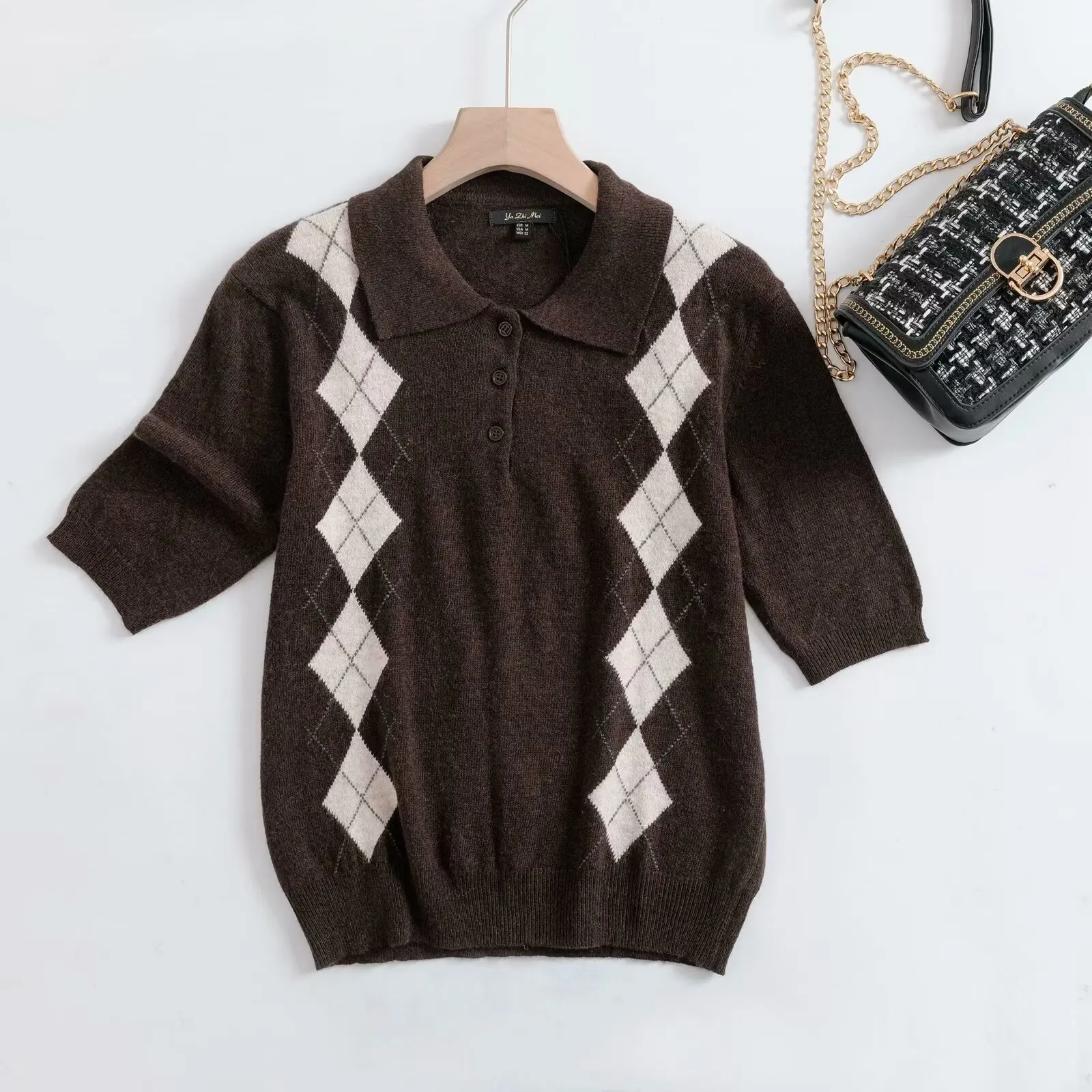 

Ethereal MD 2025 massidutti summer new style of British collegiate style brown diamond-shaped short-sleeved knitted Polo shirt