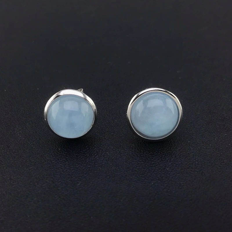 CSJ Elegant Natural Aquamarine Stud Earrings Sterling 925 Silver Beryl Gemstone 8mm for Women Birthday Party Jewelry Gift