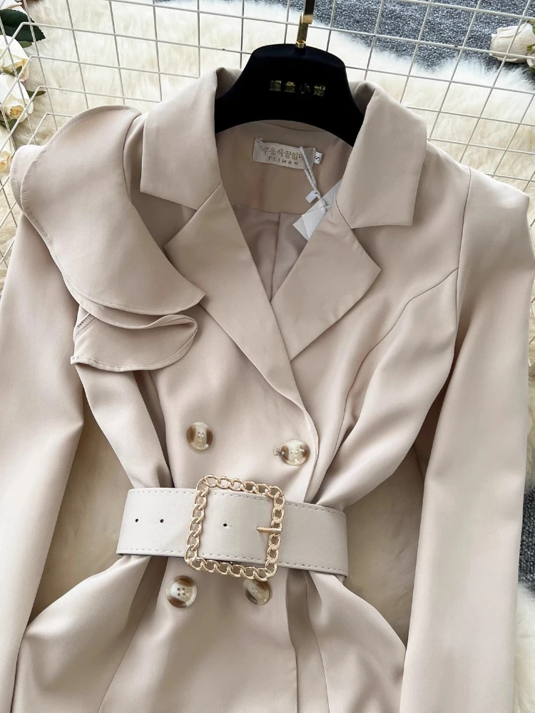 Elegante abito da pendolare con colletto, giacca a vento, cappotto autunno/inverno, vita con lacci, doppio petto, vestibilità slim, abiti di media lunghezza da donna