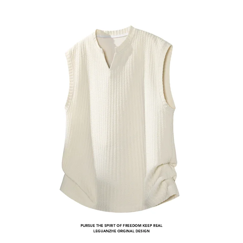Male Notched V Neck Sleeveless Casual Vest Ribbed Knit Breathable Material Loose Silhouette For Outdoor Daily Dressing