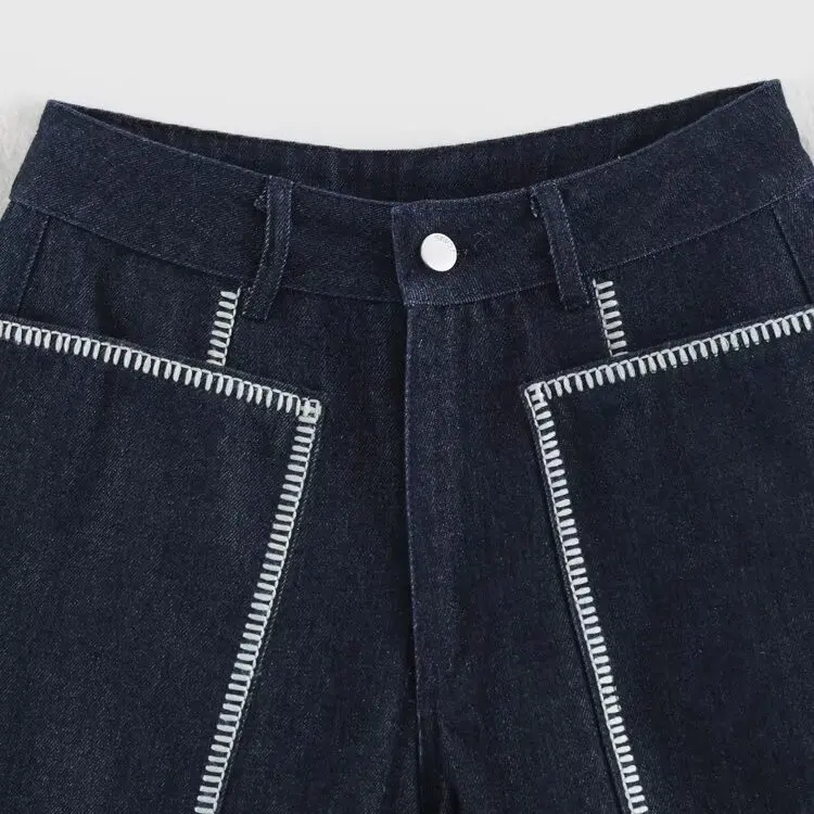 KASLEAD New Women's Fashion Pocket Patchwork Simple Embroidery Stitching Denim Shorts Natural Waist Button Polyester Fiber