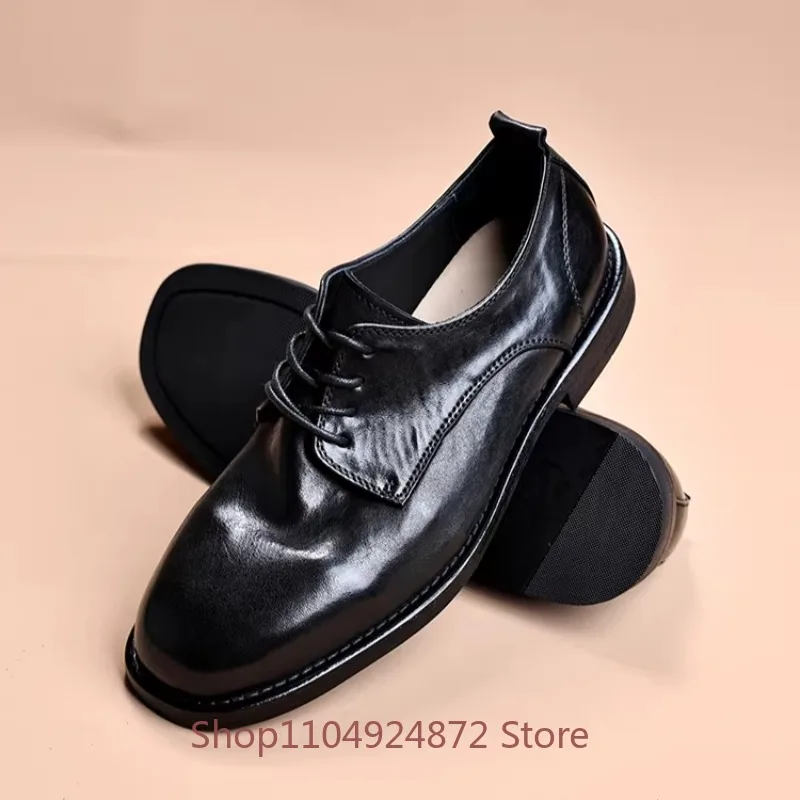 

Designer Dress Shoes Men's Genuine Leather Washed Retro Derby Casual Black High End Handmade Wedding Leather Shoes Male