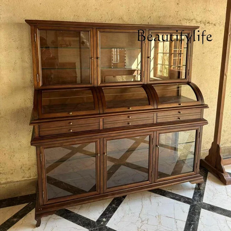 

BJ British Retro Solid Wood Jewelry Display Cabinet Antique Jade Transparent Display Jewelry Curved Glass High Cabinet