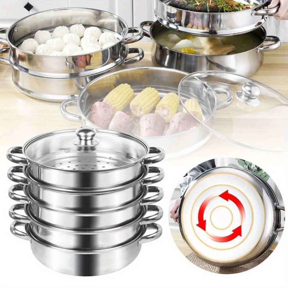 Vaporiera a 5 livelli in acciaio inossidabile con coperchio in vetro, set di pentole per cottura a vapore adatta a piani cottura a induzione, con manici ergonomici, ideale per verdure, ravioli e momo.