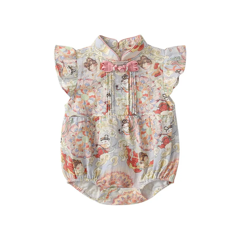 

MINISO Summer Baby Girl Chinese Style Triangle Romper Cotton Cheongsam Print Newborn Soft Crawling Clothes 0-1 years Bodysuits