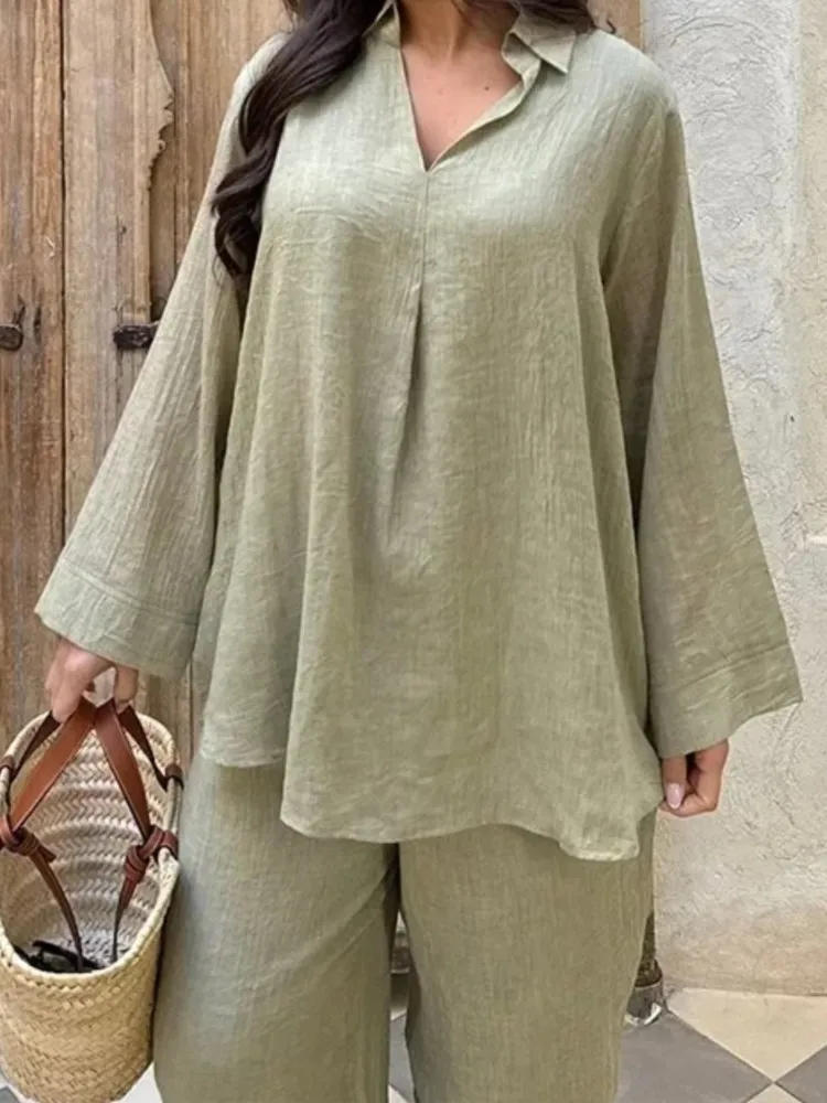 

Casual Solid Loose Two Piece Set For Woman Fashion Long Sleeve V Neck Pullover Tops+Wide Leg Pants Sets Outfits Lady Spring New