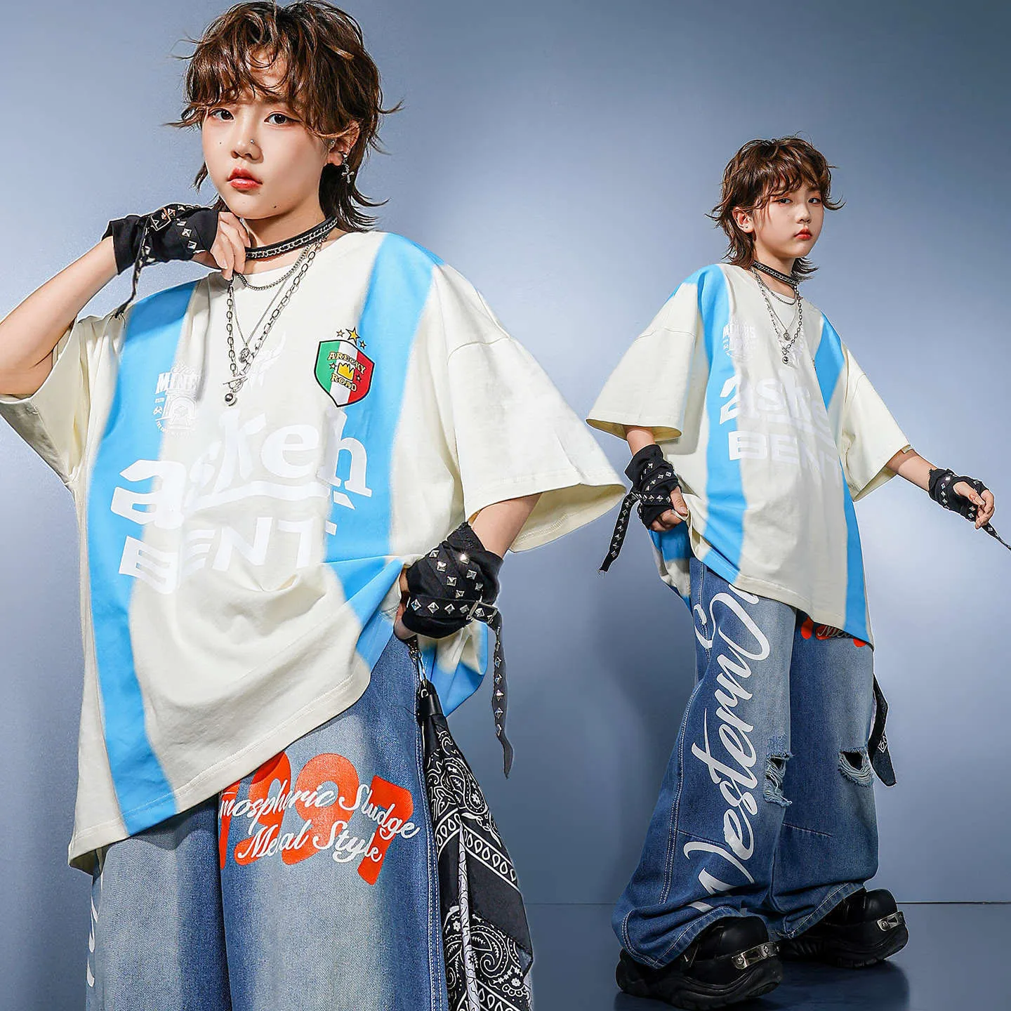 

Kid Kpop Hip Hop Clothing Striped Jersey T Shirt Denim Blue Casual Ripped Jeans Pants for Girl Boy Dance Wear Costumes Clothes