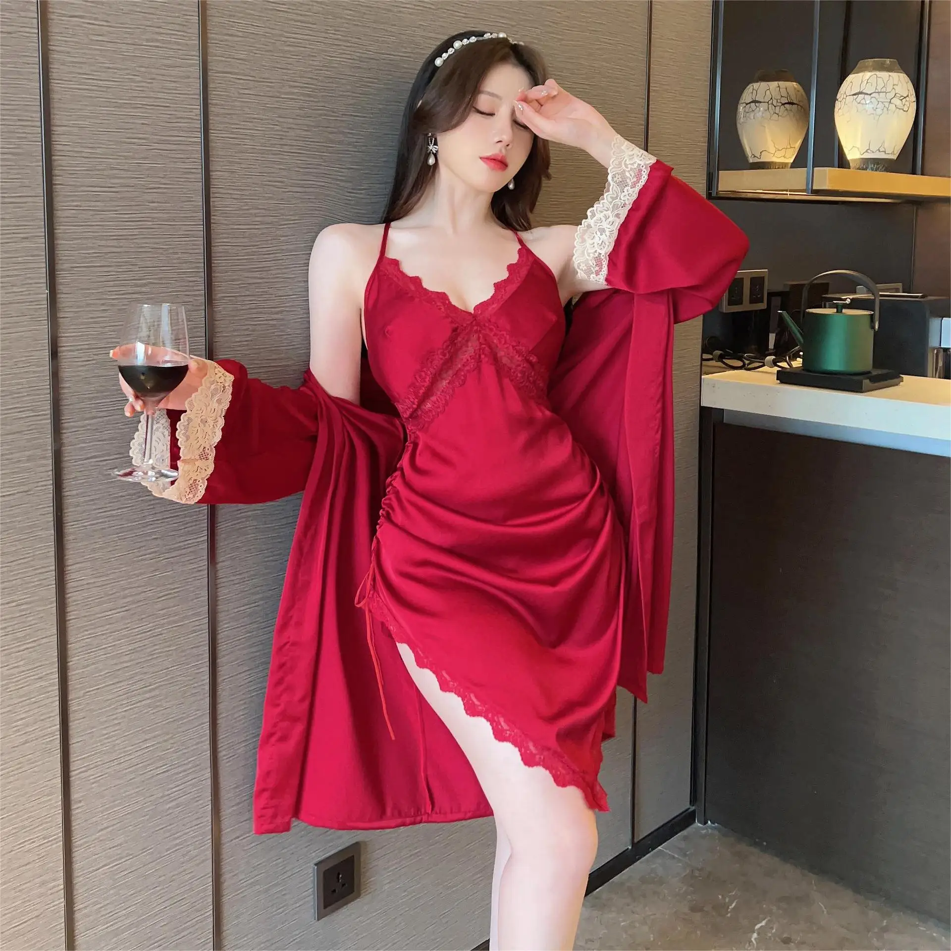 Burgundy 2PCS Pajamas Set New Summer Women Sleepwear Kimono Bathrobe Lingerie Rayon Lace Pijamas Suit Home Wear Nightsuits