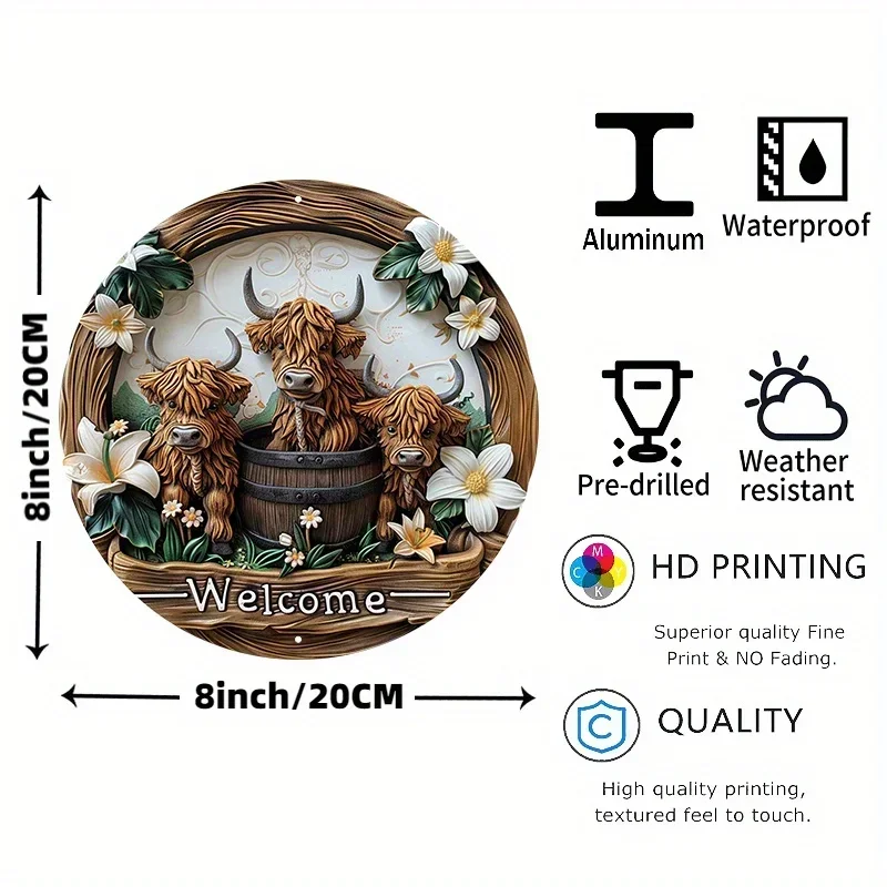Attractive Highland Cow and Lily 8 X 8inch Aluminum Sign, Uv-Resistant and Scratch-Resistant, Easy to Hang, for Indoor and Outdoor Decoration
