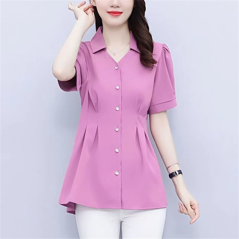 Women Ruffled Elegant Tunic Tops Summer Fashion Office Lady Business Casual Button Shirts Solid Slim Short Sleeve Blouses Ropa