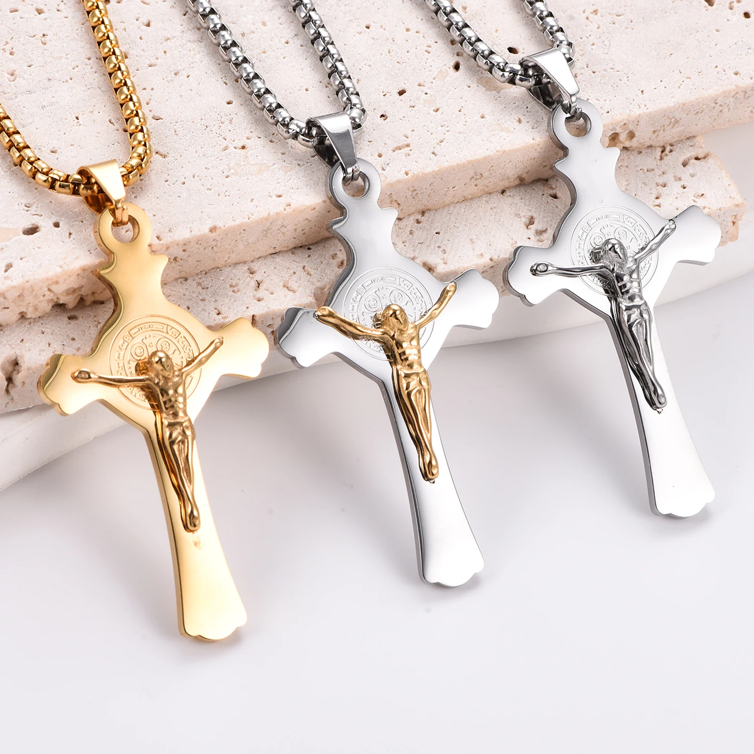 Cristo católico Jesús religión San Benito Cruz de acero inoxidable colgante collar joyería regalos