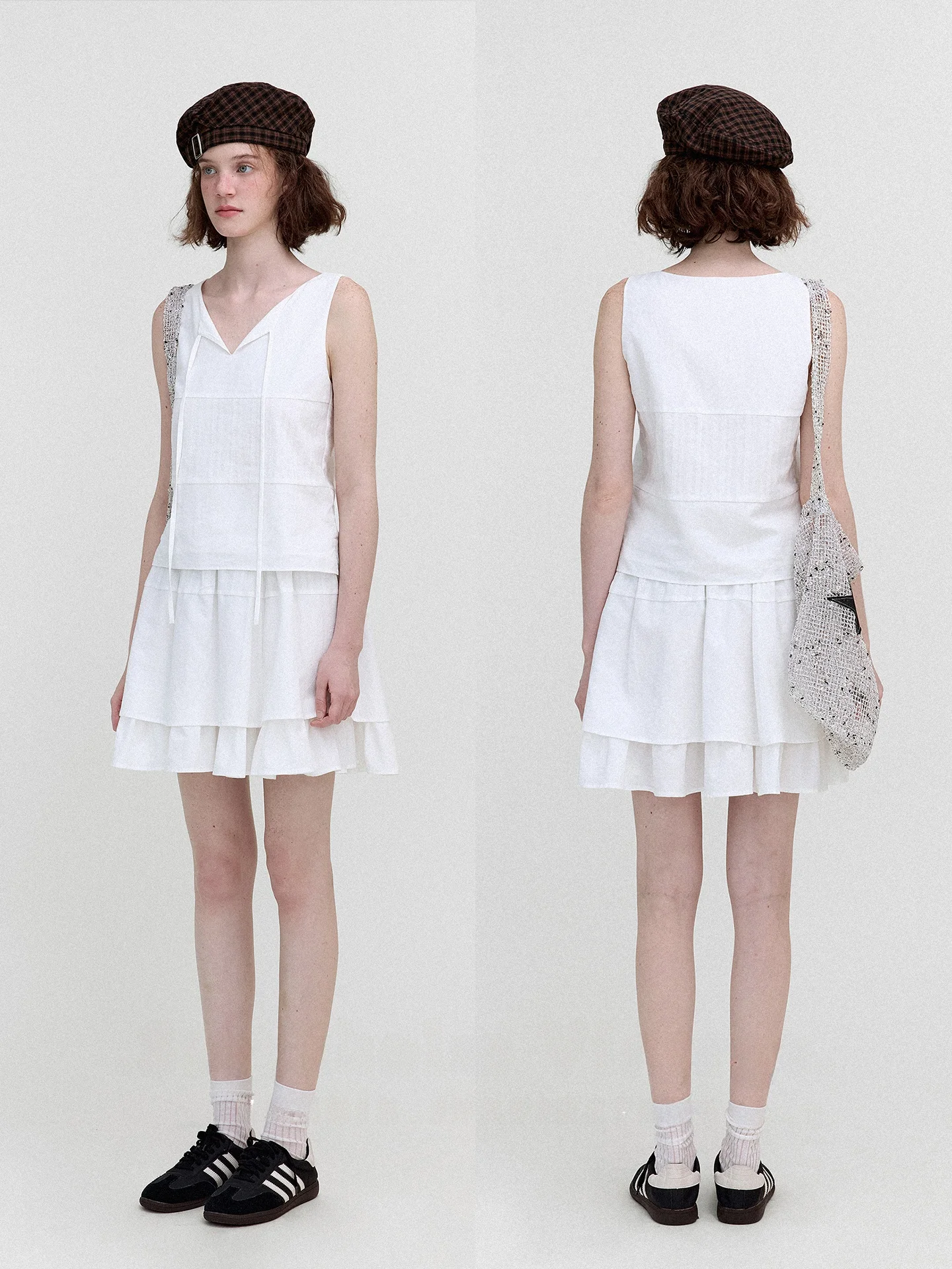 Nordic Retro Vest Top with V-Neck And Belt High Waist Skirt Set Women's Fashion Summer Outfit Sleeveless Patchwork Details